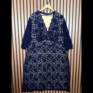 Kiyonna Lace Dress 4 Women’s Blue Beige Long Sleeve A-Line Plus Size Midi